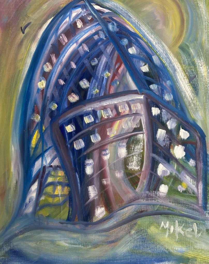 Abstract watercolor painting of a building.
