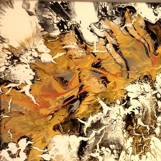 An abstract acrylic fluid art painting in gold, white, and black.
