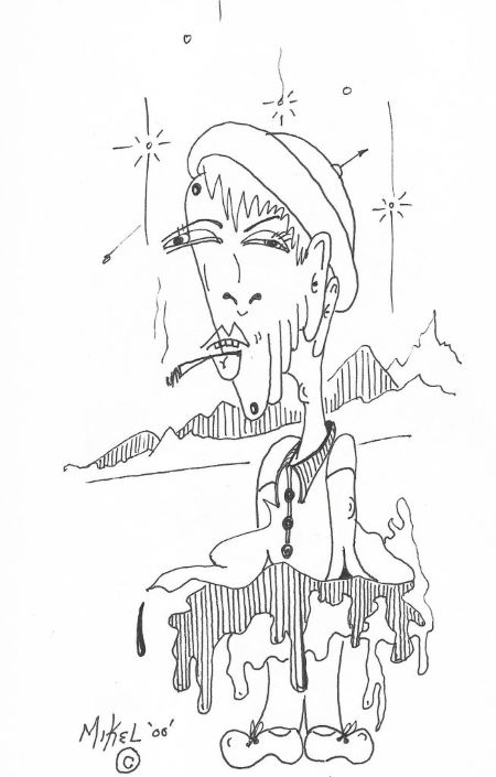 A line drawing of a surreal character with exaggerated features, wearing a beanie and holding a cigarette, with dripping elements and a mountainous background.