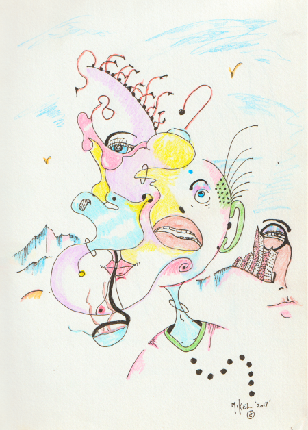 An abstract drawing of a man micro dosing a hallucinogen and feeling its effects.