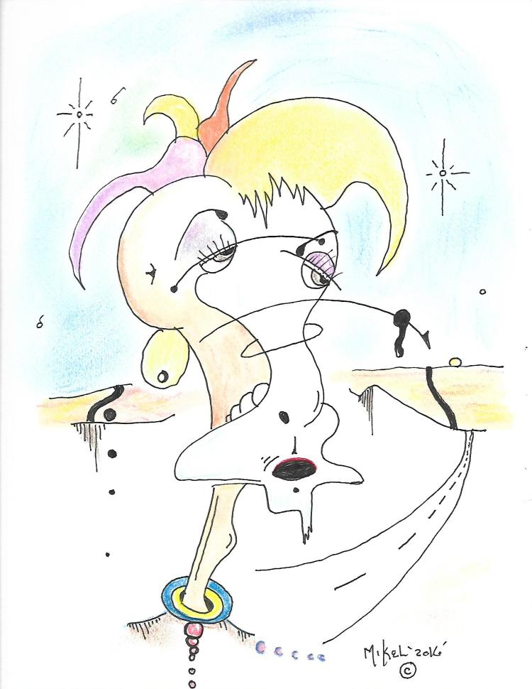 An abstract cartoon of a person facing a long road of recovery ahead of them.