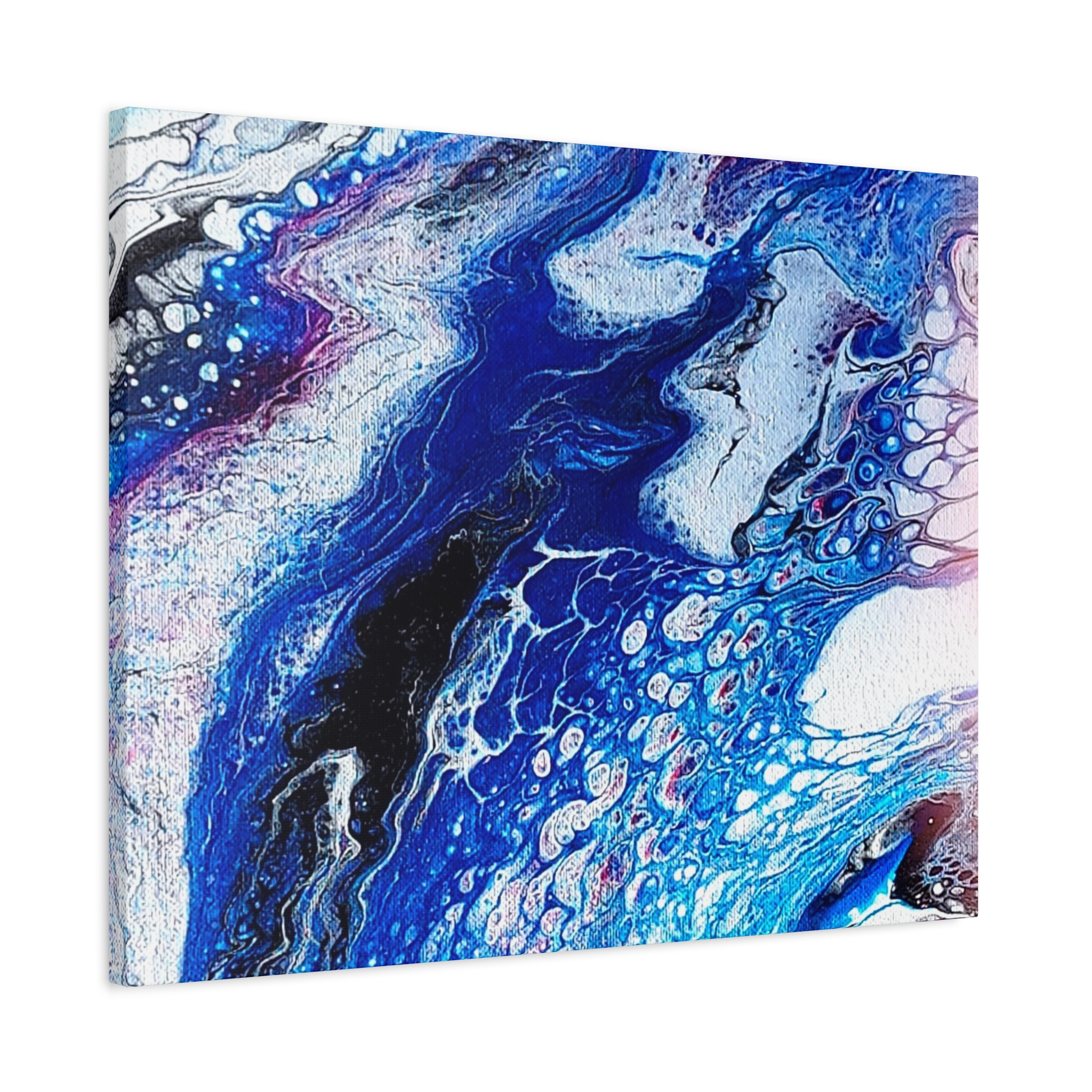 Abstract fluid art with swirling patterns in blue, white, black, and pink colors