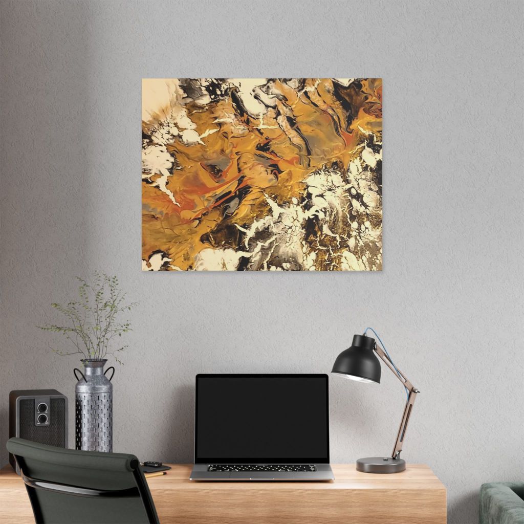 Acrylic pour painting in gold, brown, and black, titled Dark Brew.