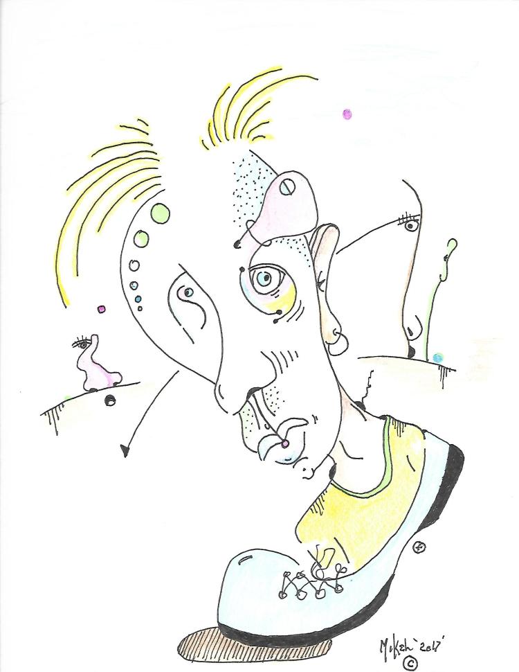 An abstract drawing of a man walking in a daze with his body extending out of shoe.
