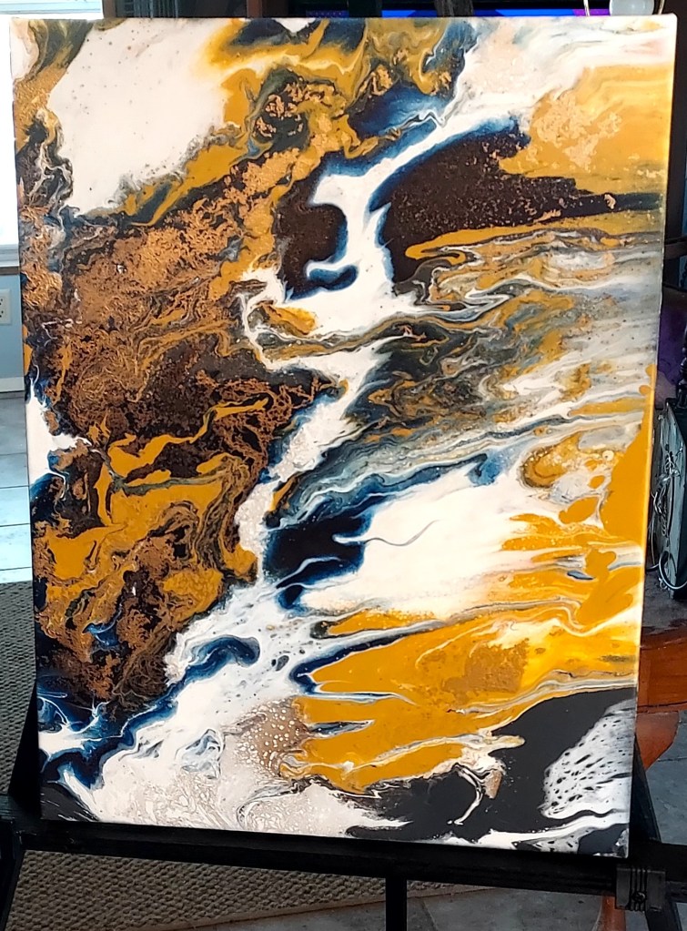 Mixed media painting with acrylic paint and metallic gold spray paint.