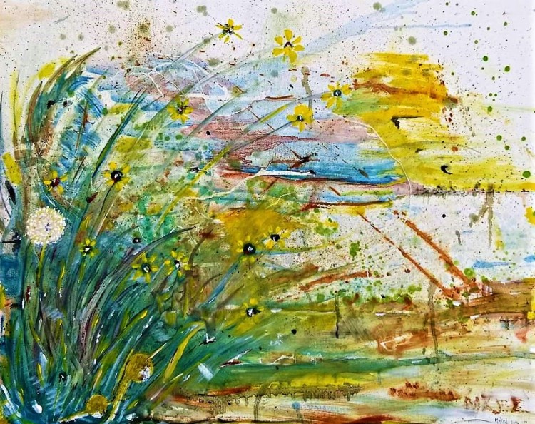 An abstract painting depicting vibrant green grass and wildflowers with splashes of yellow and blue, set against a textured background.