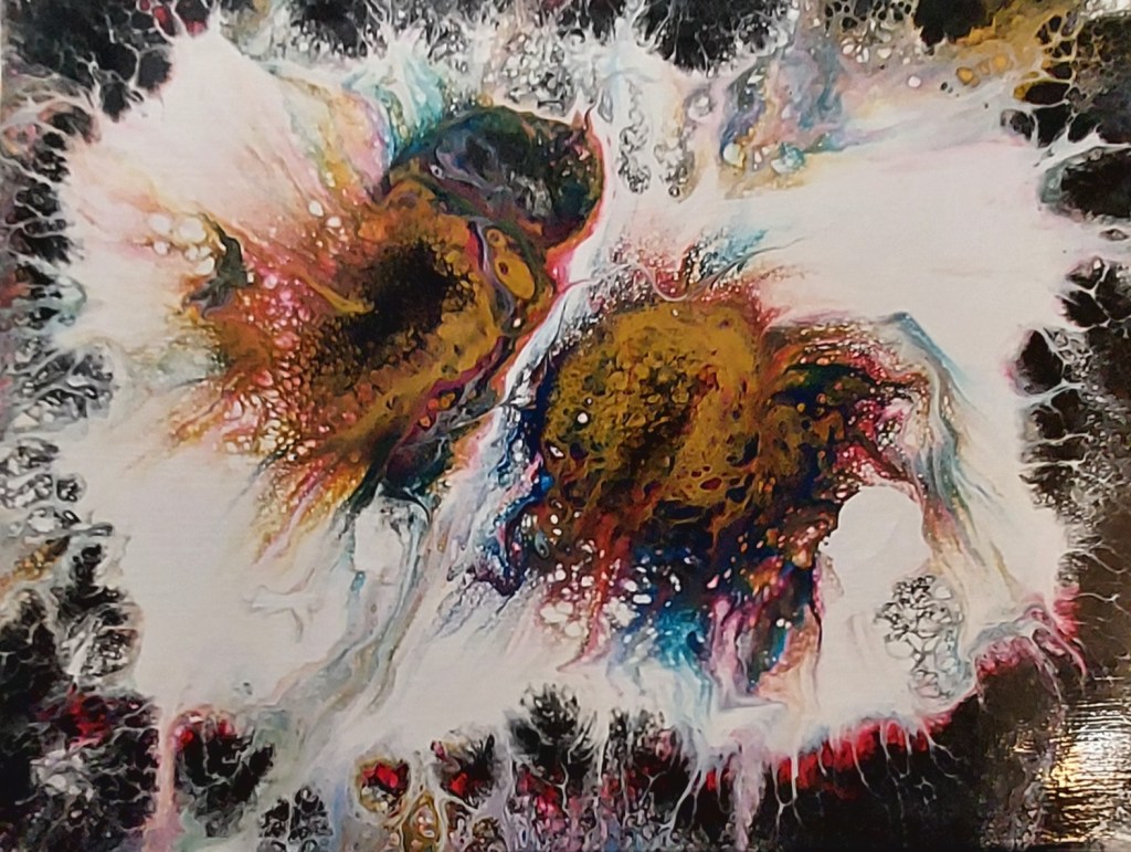 High energy fluid art painting titled, Twins.