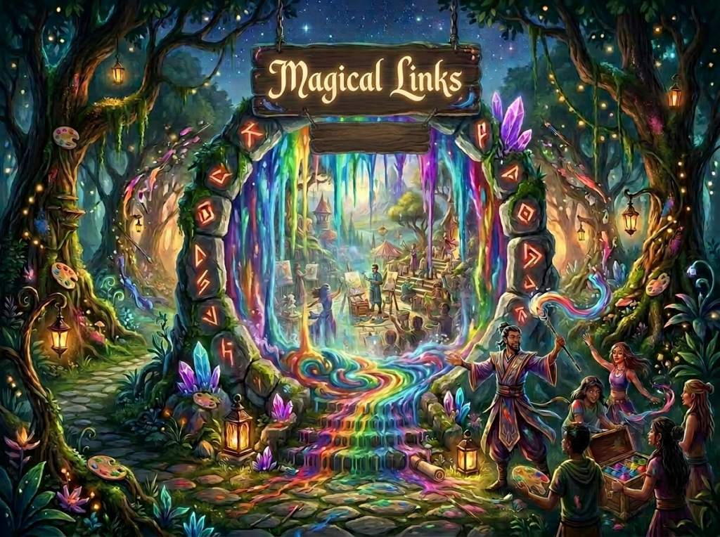 Artists standing near a glowing magical portal with flowing rainbow colors, leading to an art academy where people are painting.