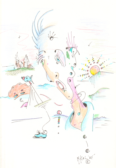 A surreal illustration featuring an abstract face with exaggerated features, surrounded by whimsical landscapes and colorful elements such as hills, a sun, and a small bird.