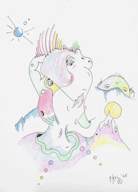 A colorful surreal illustration featuring abstract figures with exaggerated facial features, surrounded by whimsical scenery including mountains, dots, and celestial elements like a sun and a planet.