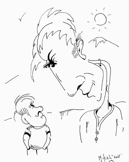 A cartoon-style drawing depicting a tall, slender figure with exaggerated facial features leaning down to speak to a shorter, round figure. The background includes a sun and mountains, adding to the whimsical scene.