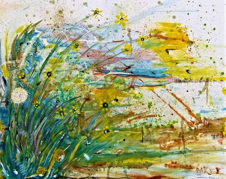 Abstract painting featuring vibrant greens and yellows, with flowers and splashes of color depicting a natural landscape.