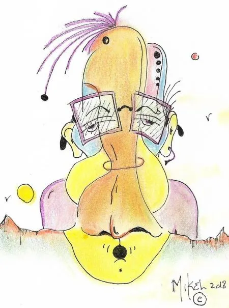 A whimsical cartoon illustration of a person with exaggerated facial features, including large glasses, a prominent nose, and colorful hair. The character is depicted against a simple background with abstract shapes.