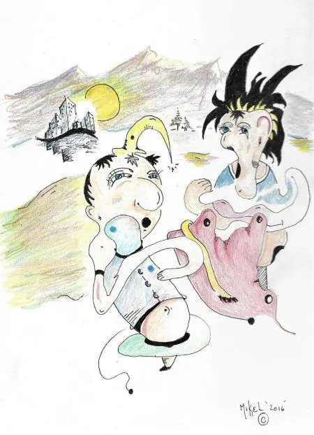 An abstract drawing of two people having a conversation.