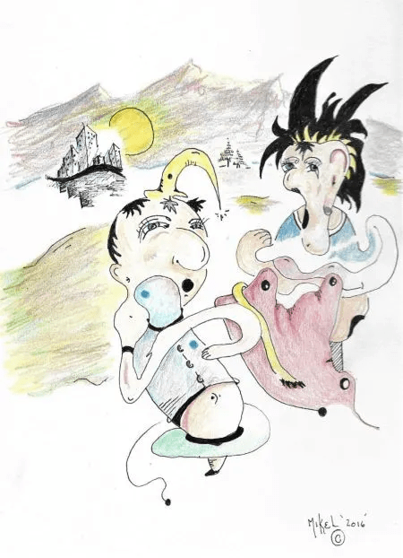 A whimsical illustration featuring two stylized characters in a surreal landscape. One character, with a large head and a strange hairstyle, is holding a blue spherical object, while the other character, depicted with exaggerated features and a colorful outfit, appears to be in motion. The background includes abstract mountains and a setting sun.