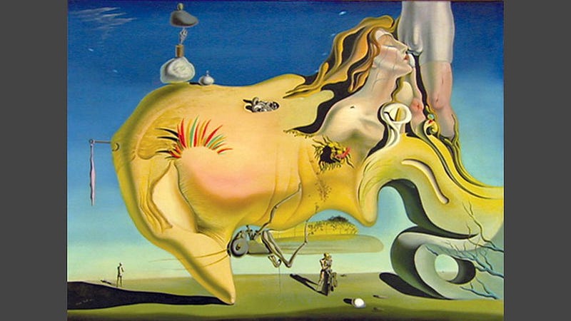 Surrealist painting featuring a distorted figure resembling a woman, integrated with various elements such as flowers, keys, and abstract shapes against a blue sky background.