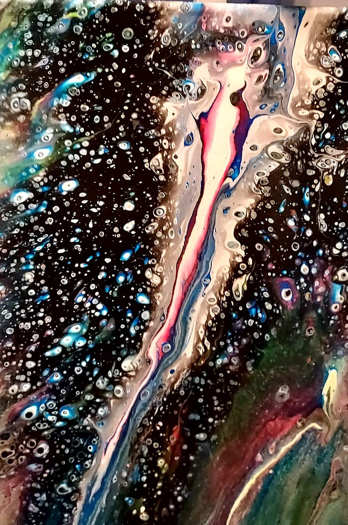 Abstract painting featuring swirling patterns of black, blue, and vibrant colors with circular bubbles.