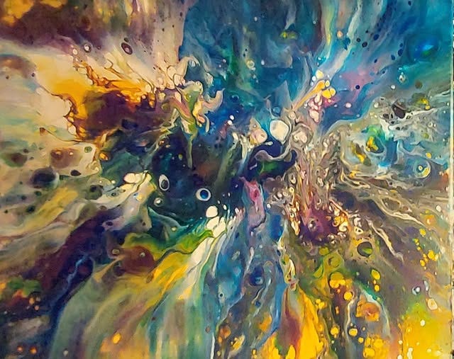 Abstract painting with swirling patterns and vibrant colors, including blue, green, yellow, and purple, creating a cosmic or dreamy effect.