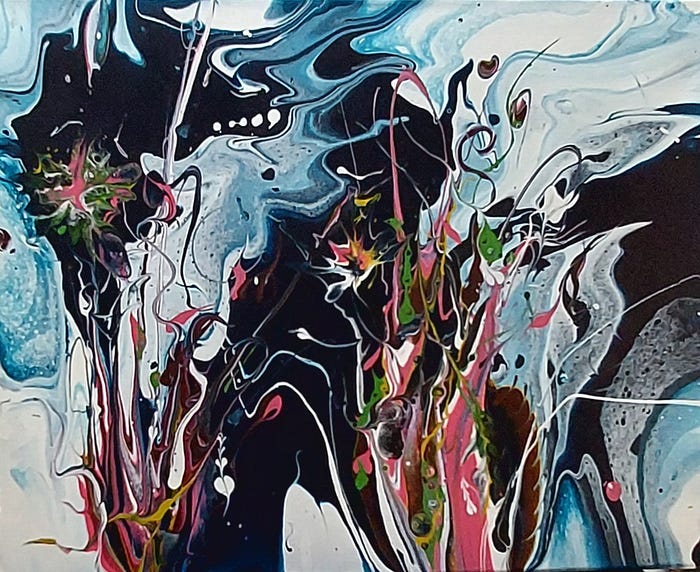 Abstract painting featuring swirling blue and black patterns with organic shapes in pink and green resembling flowers and foliage.