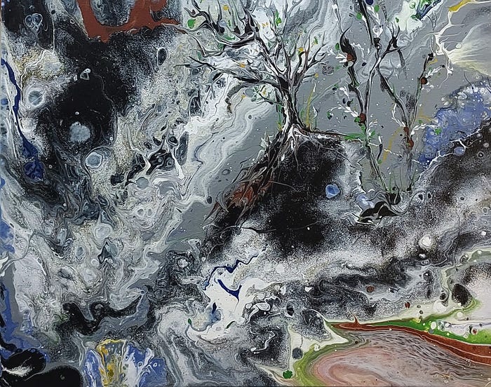 Abstract painting featuring swirling patterns of black, white, and gray with hints of color and a solitary tree in the foreground.