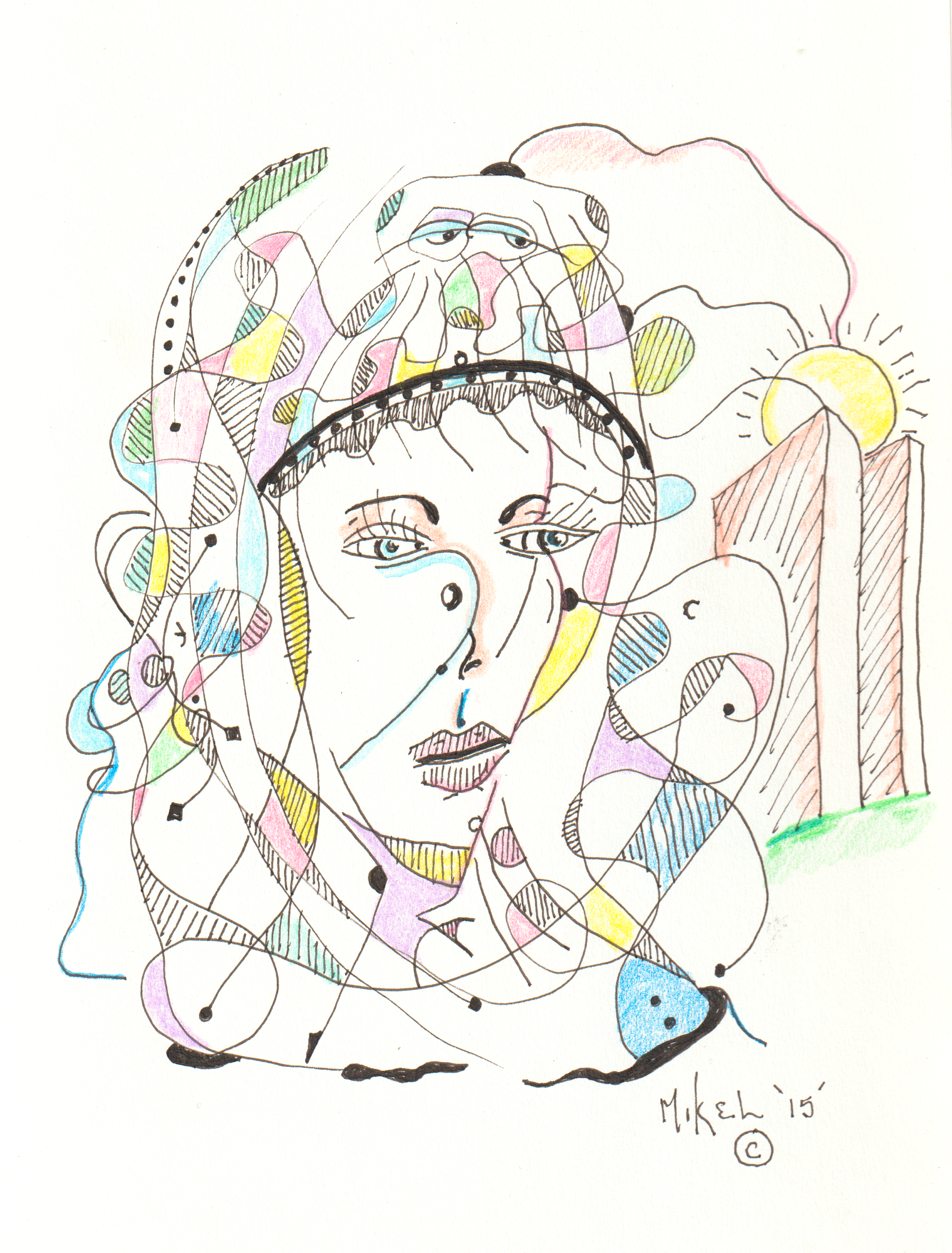 A colorful abstract sketch of a woman's face surrounded by swirling lines and geometric shapes, with a sun and building in the background.