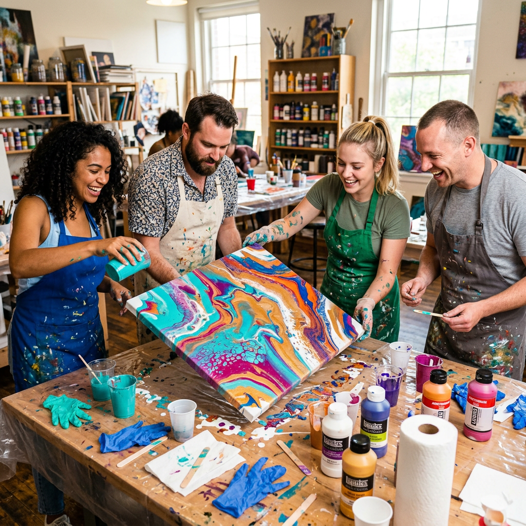Group of four people making vibrant fluid art painting in studio